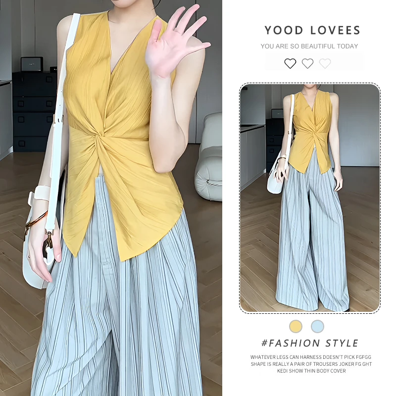 御姐风气质扭结显瘦无袖上衣女装2026夏季新款阔腿直筒长裤两件套
