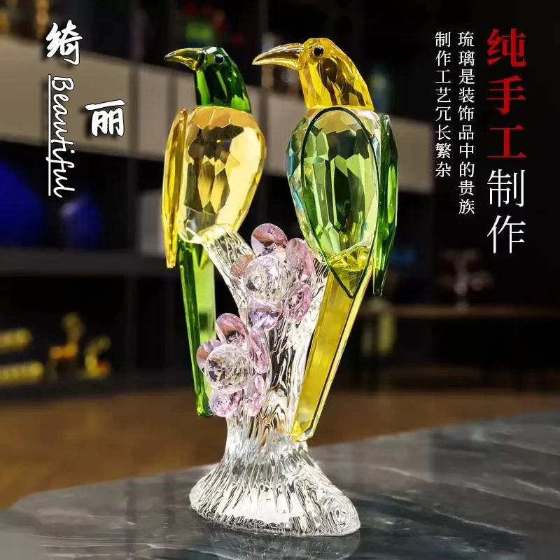 轻奢高档水晶双鸟喜鹊人工打造水晶摆件