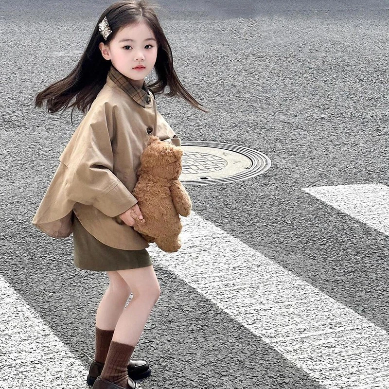 女童2025秋季新款外套假两件风衣短款单排扣上衣亲子套装学院风