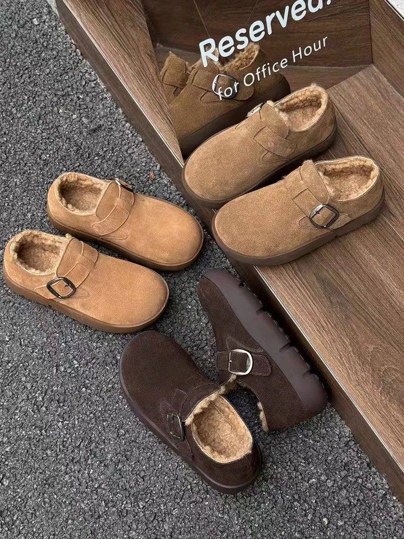 磨砂皮厚底勃肯鞋女2024冬季新款时尚加绒保暖棉鞋百搭一脚蹬棉鞋