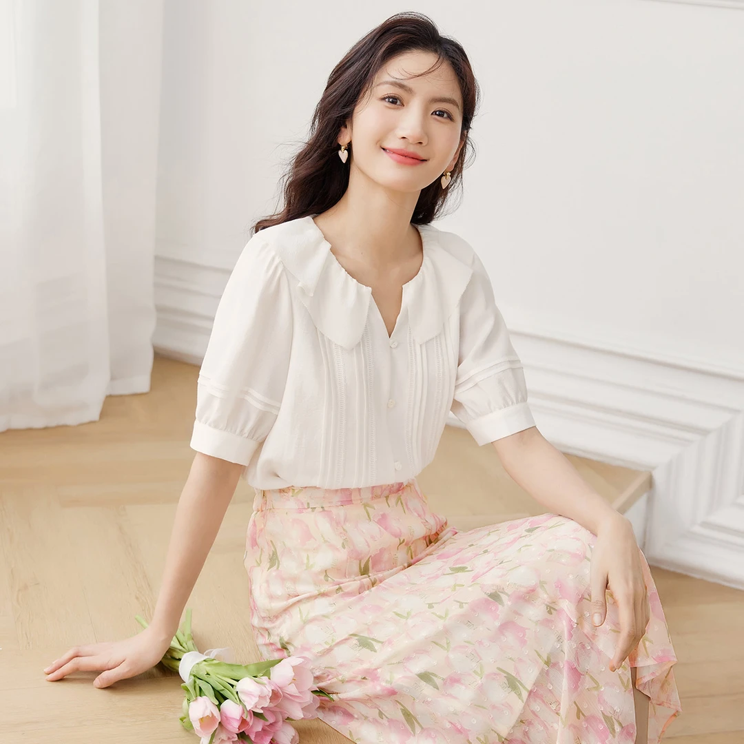 【品牌女装】朗文斯汀洋气减龄泡泡袖荷叶领衬衫LDYX32307228B