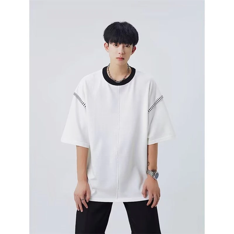 2025夏季新款日系简约撞色风格高级设计感男士短袖T恤宽松上衣潮