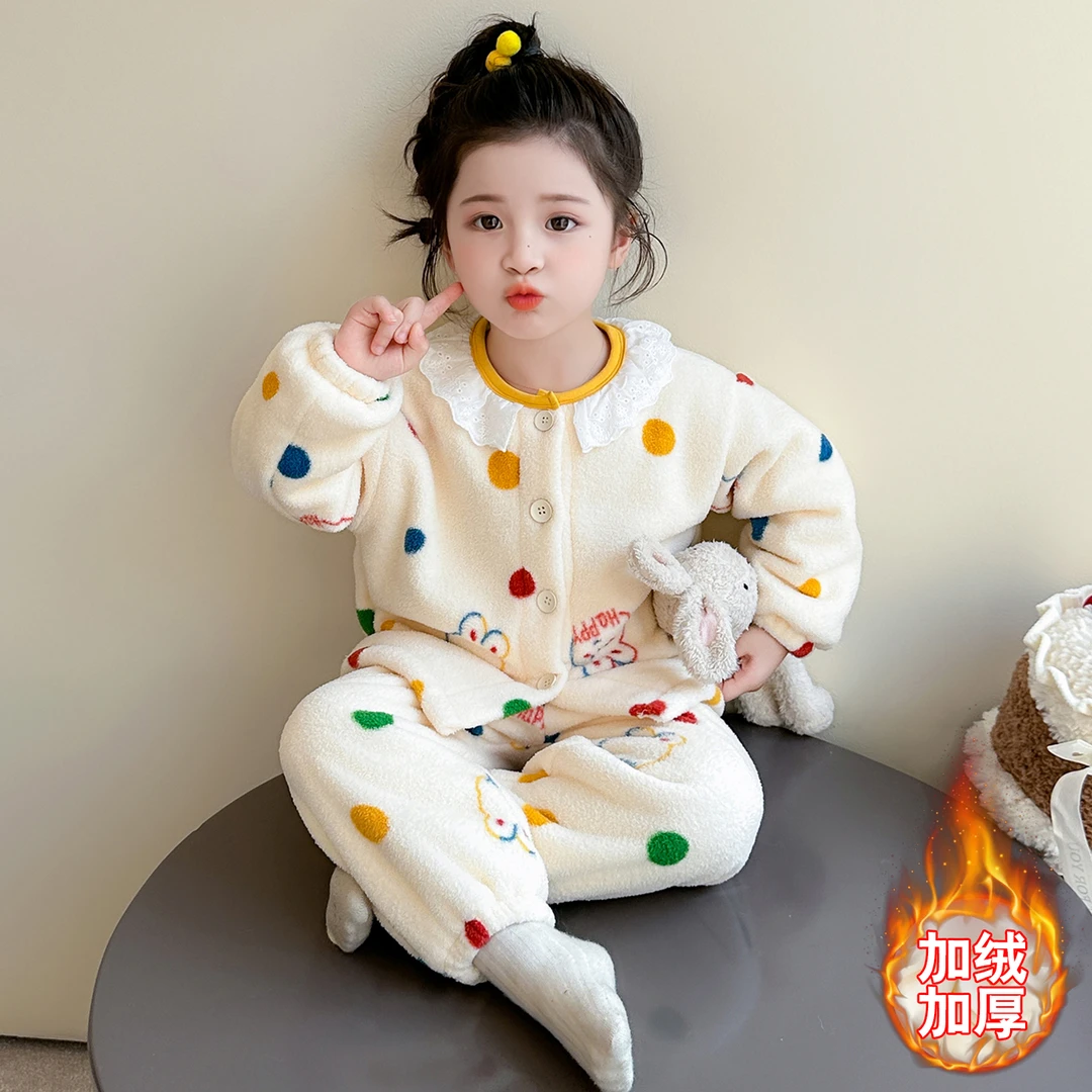 女童睡衣双层加厚冬季加厚女孩洋气连帽珊瑚绒保暖儿童保暖家居服