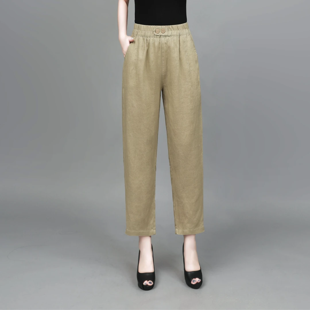 100%亚麻哈伦裤女2025年夏季薄款宽松高腰九分老爹萝卜裤休闲裤