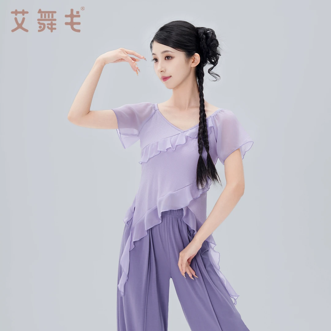 艾舞戈古典舞蹈服装夏季荷叶边短袖上衣中国舞现代舞练功形体服装