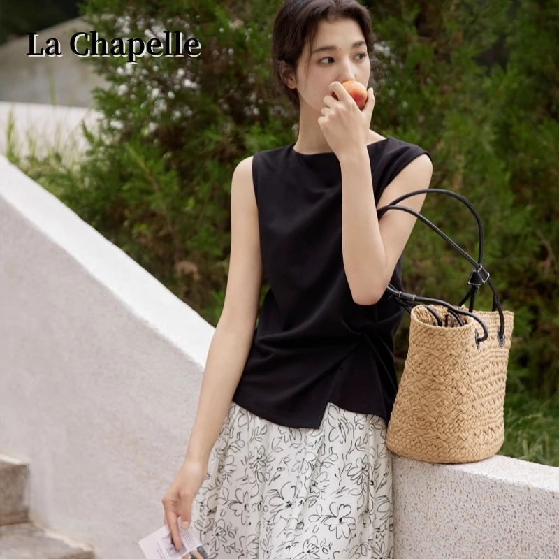 拉夏贝尔一字领不规则设计感扭结短袖T恤女夏季休闲黑色无袖上衣