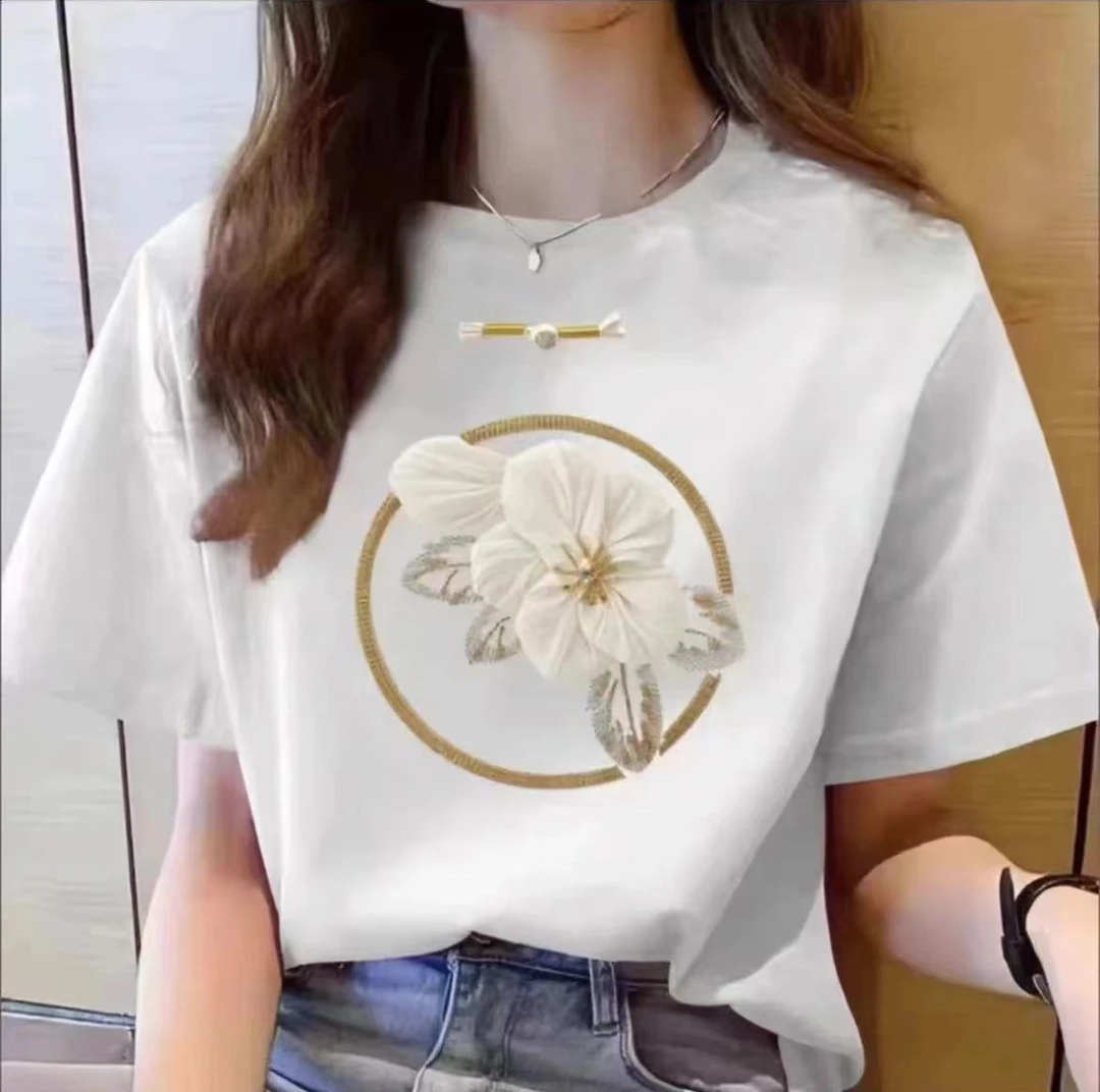2025夏季短袖休闲上衣男女同款圆领印花T恤 白花