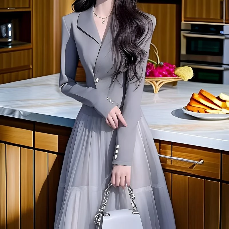 2025年春季轻奢高级感气质名媛小香风灰色西装外套网纱半身裙套装
