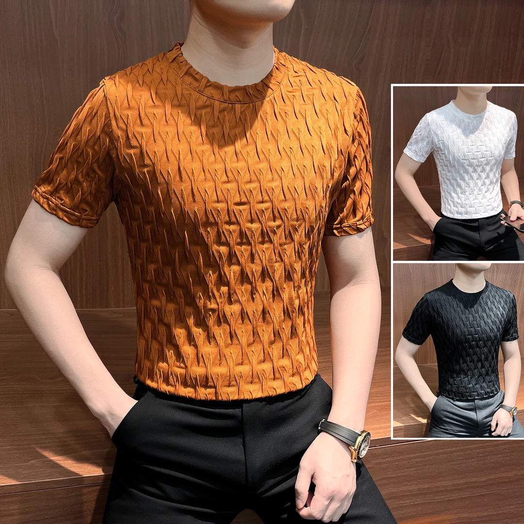 菱形格提花男士短袖t恤秋季时尚高级感男装网红修身纯色男款上衣