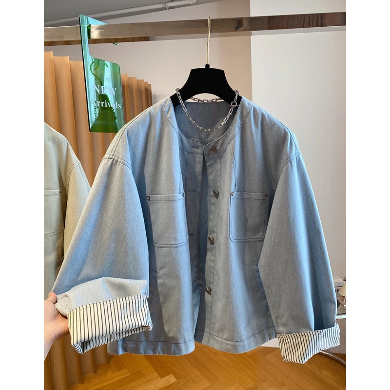 欧货牛仔布蓝色无领外套女春秋季2025新款宽松休闲短款小个子上衣