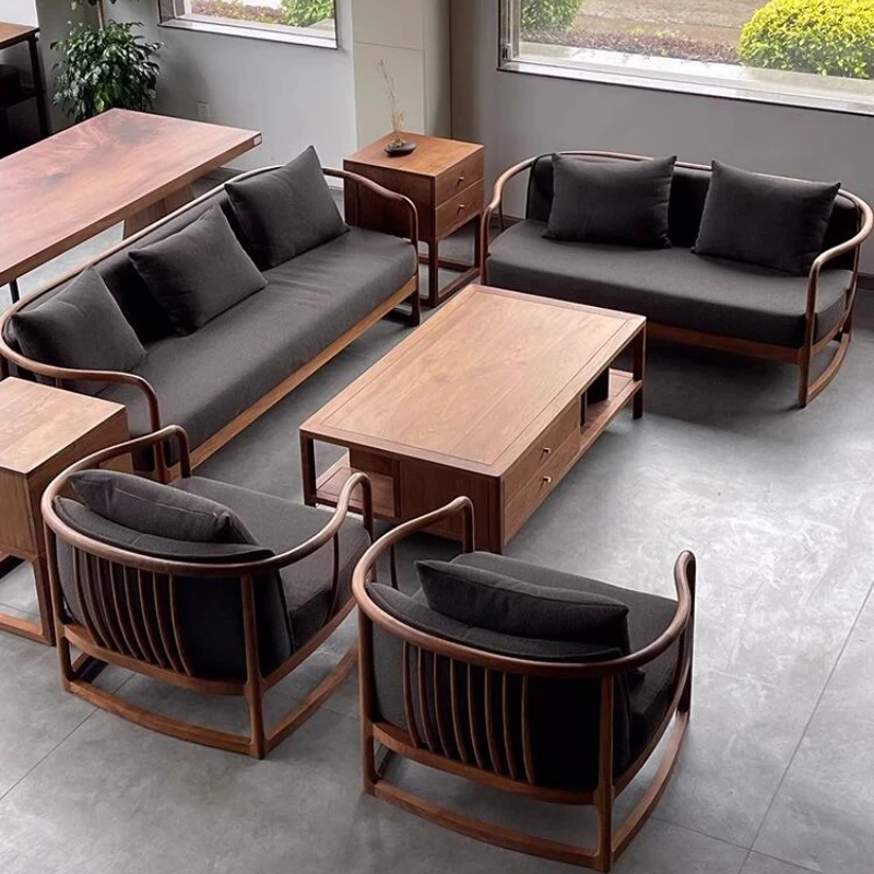 新中式实木沙发椅组合榫卯框架禅意北美黑胡桃木客厅高级布艺沙发