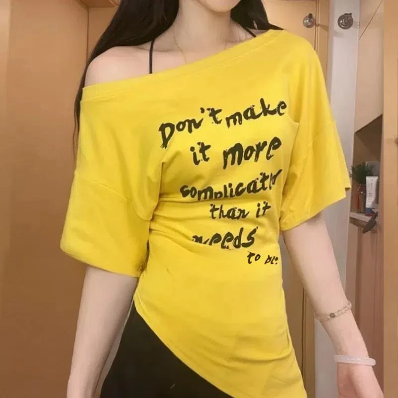 甜美可爱风格衣服新款修身显瘦短袖恤女夏季辣妹斜肩潮气上衣时尚