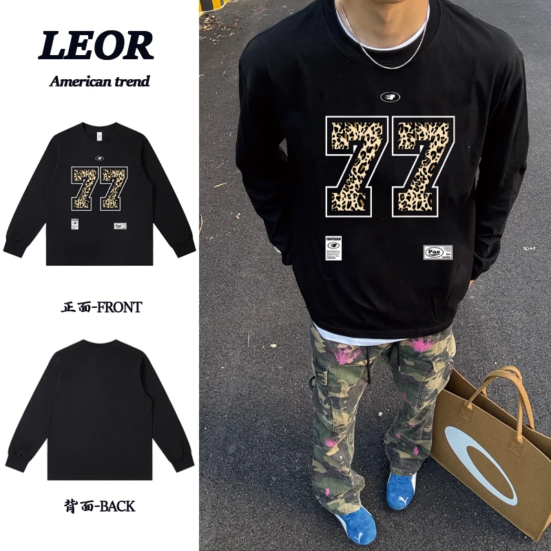 美式国潮豹纹77号字母重磅长袖T恤男女同款宽松百搭情侣上衣ins