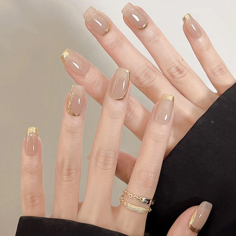 纯手工穿戴甲裸色鎏金法式高级感中长2025新款美甲高质量世家千金
