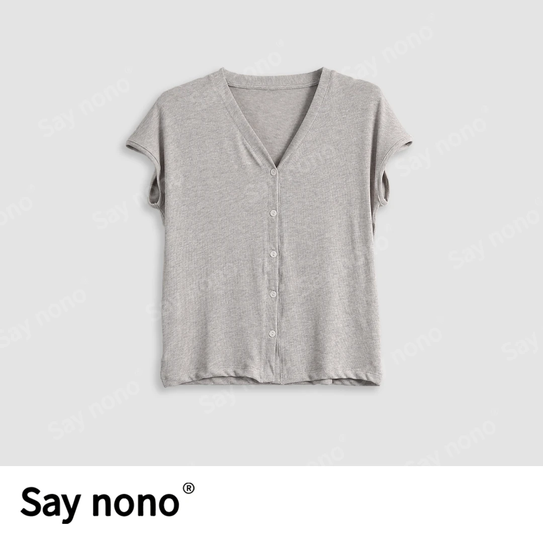 懒猫nono│Saynono V领针织纽扣T恤/XXHM9754