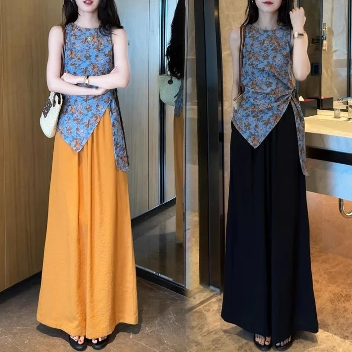 时尚套装女2025夏季新款时髦洋气设计感无袖碎花上衣阔腿裤两件套