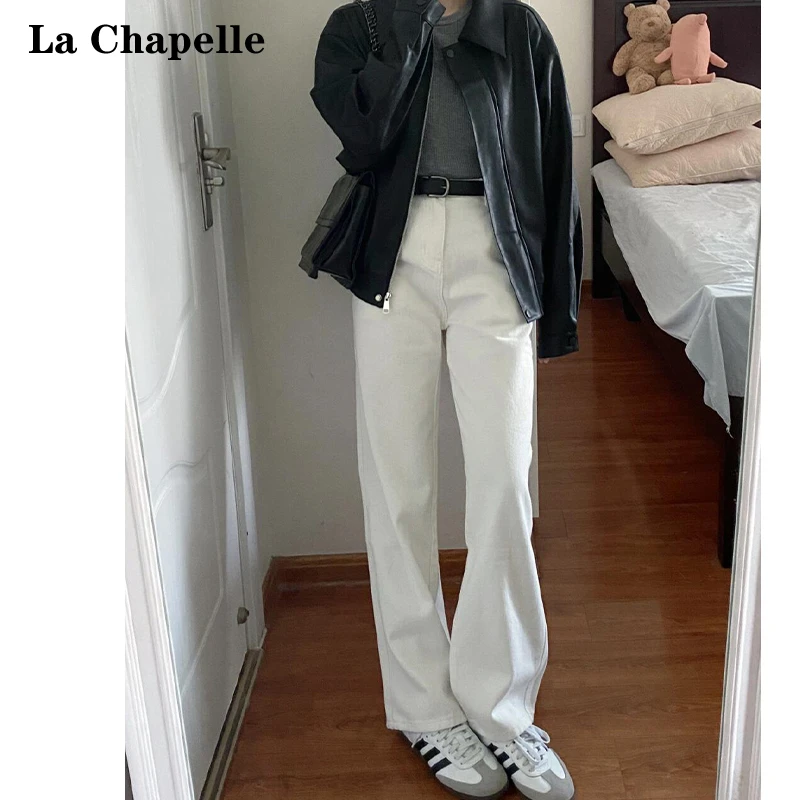 拉夏贝尔白色阔腿牛仔裤女2025春季新款高腰显瘦垂感百搭直筒裤子
