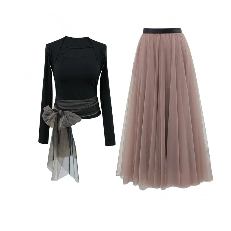 法式腰间系带修身上衣优雅大裙摆半裙