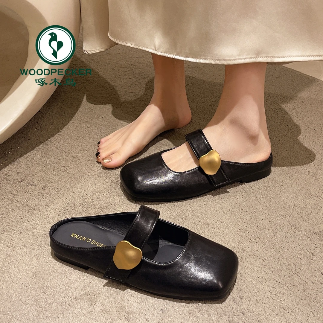 啄木鸟复古软皮外穿包头拖鞋女新款百搭平底方头懒人一脚蹬半拖鞋
