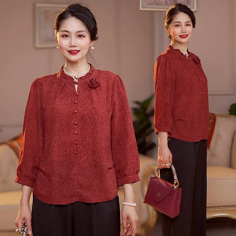 时尚妈妈装春夏季新款上衣50岁中年人时尚洋气新中式花衬衫两件套