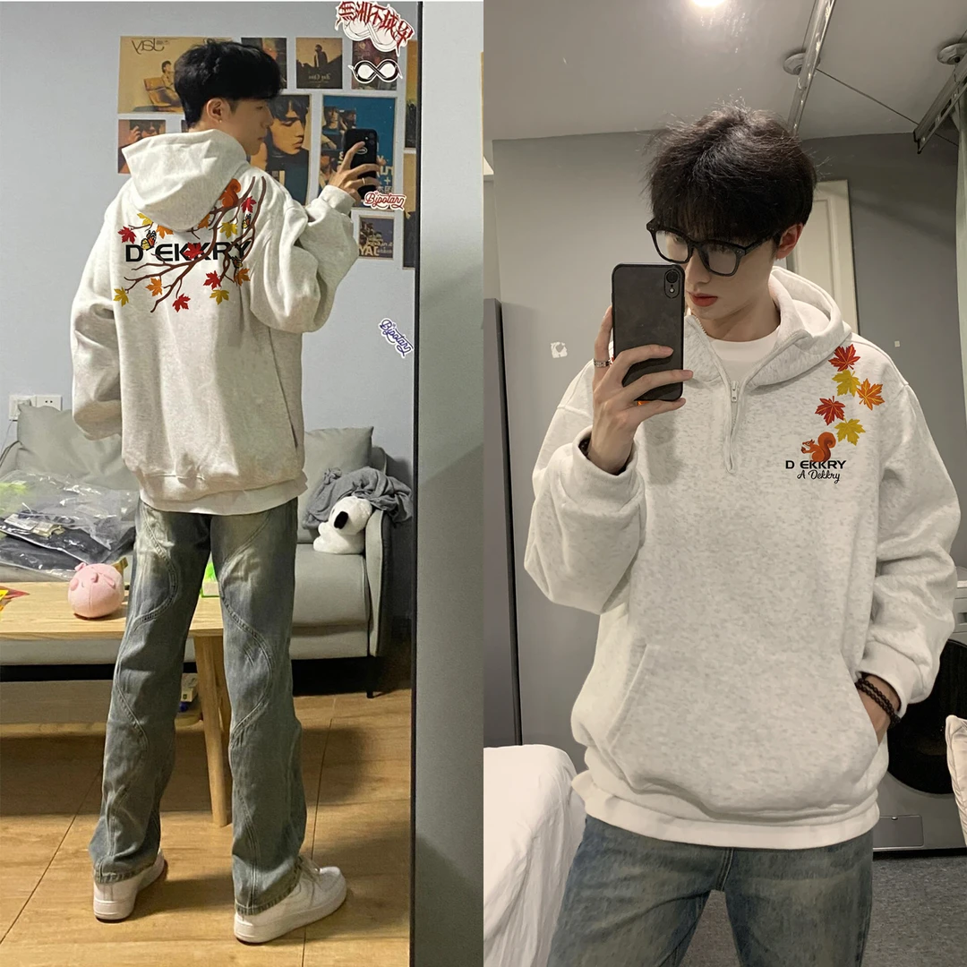 美式松鼠枫叶字母印花休闲秋冬季半拉链卫衣情侣潮流连帽百搭上衣