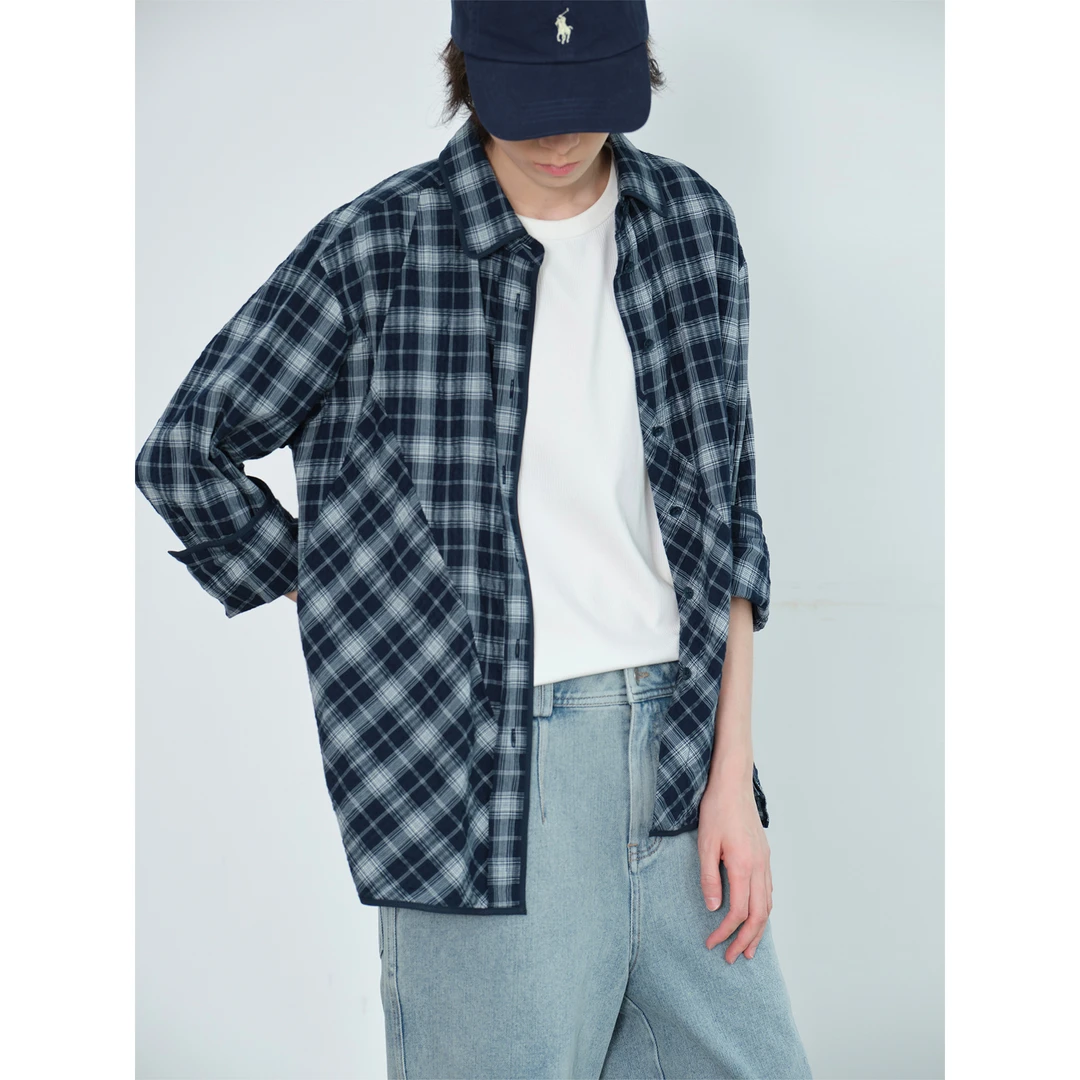 knighttom【微透物理防晒】空气感藏蓝白格纹长袖衬衫X253S078A