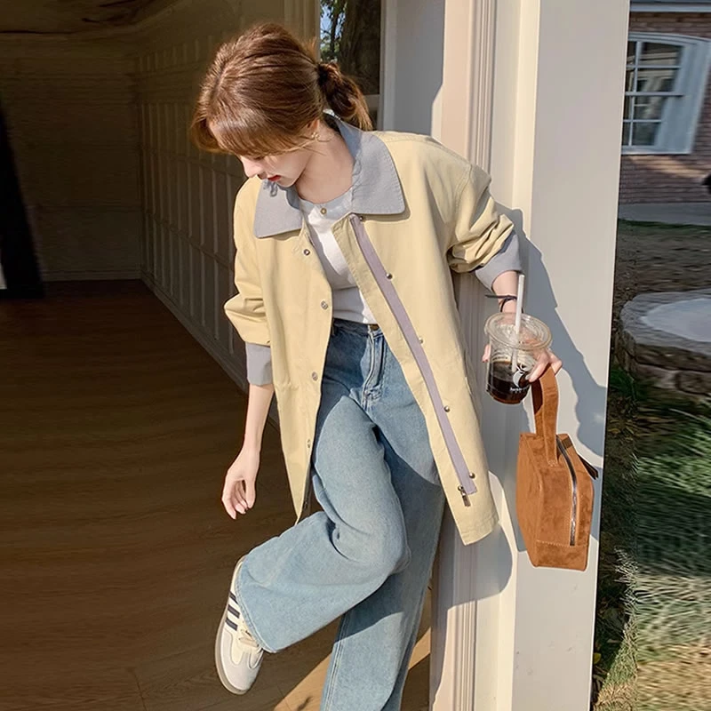 设计感撞色拼接风衣女春秋新款韩系中长款休闲时尚小个子工装外套