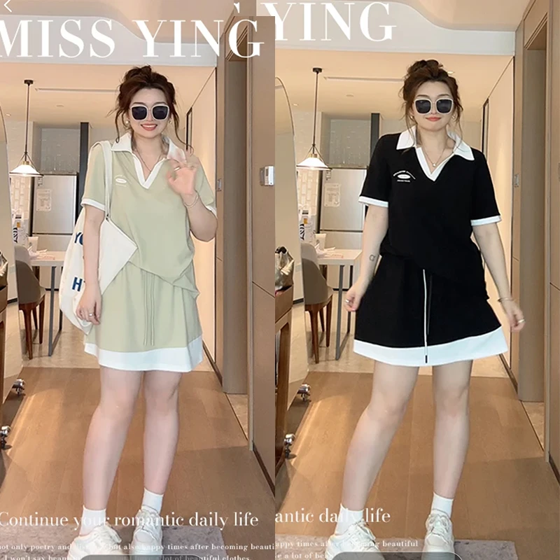 时尚减龄百搭显瘦遮肉POLO小V领上衣+不规则半身裙套装2773