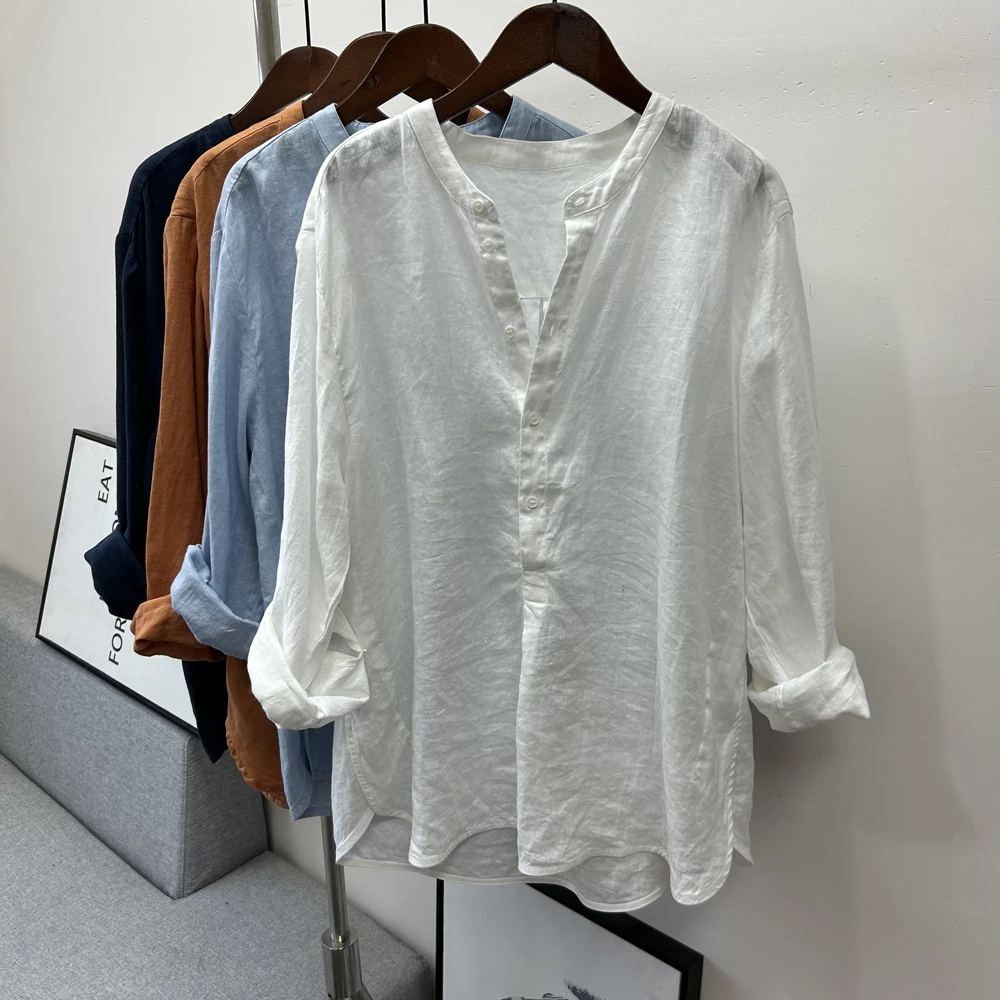 高支汉麻 衬衫女长袖【衣长70】宽松休闲小立领衬衣纯夏季新款