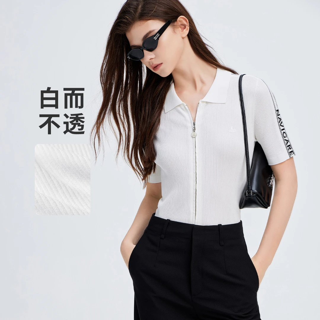 navigare意大利小帆船字母短袖针织开衫女士翻领拉链黑白修身上衣