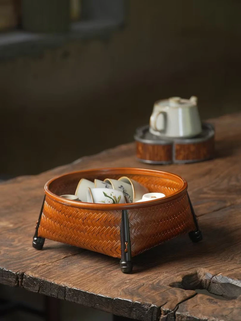 四方底圆箩竹编大号茶篓杯篓收纳篮水果点心篮紫竹茶道配件