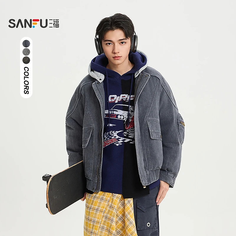 SANFU/三福25冬季男士潮酷水洗带帽羽绒服街头宽松保暖外套513516