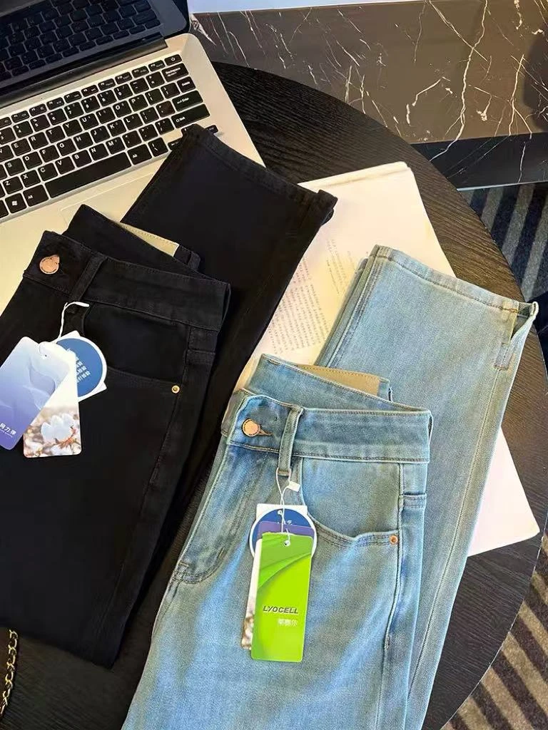 超薄柔软~法棍裤四面弹九分牛仔裤女2025夏季新款大码胖mm直筒裤