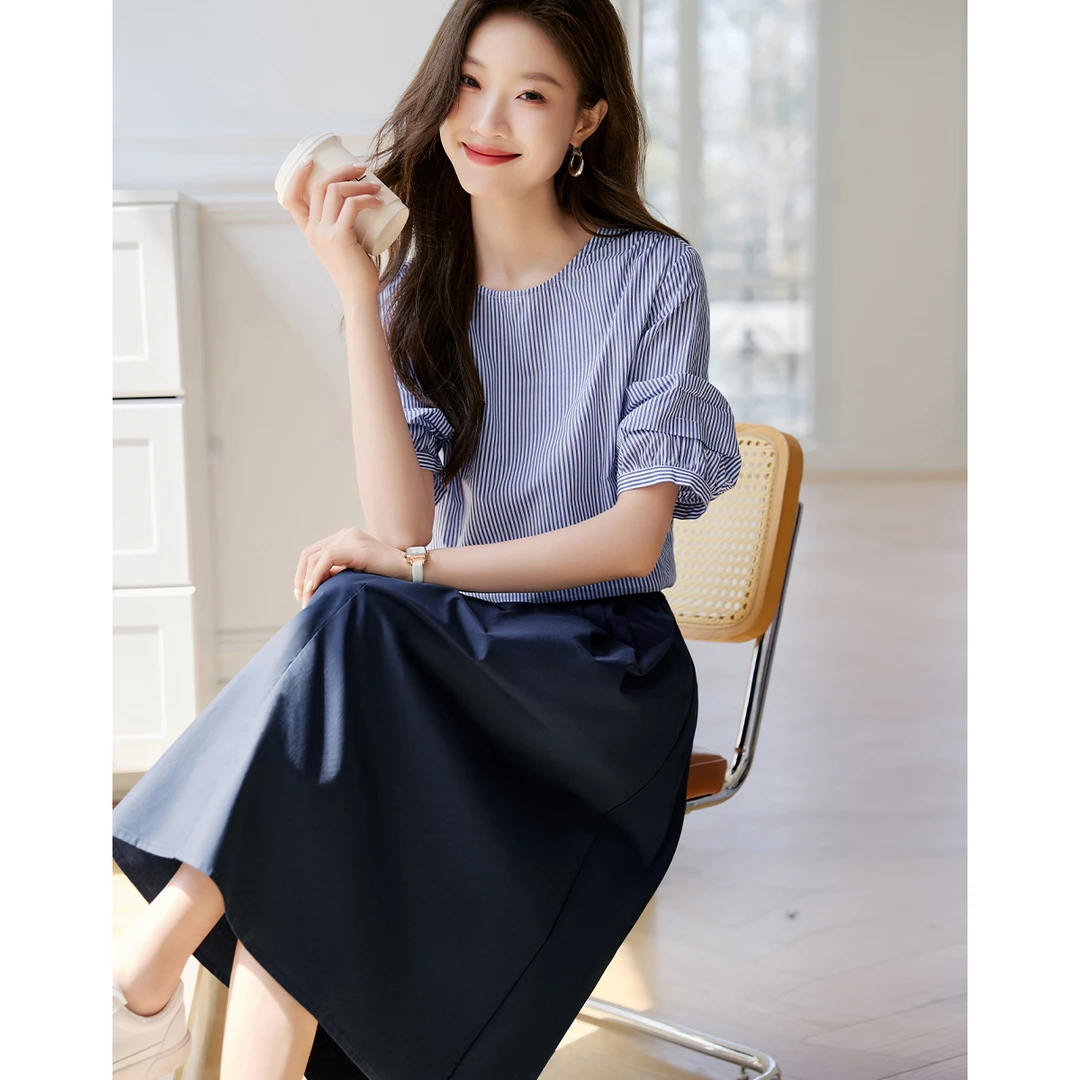 沫晗依美【海岸线】100%纯棉舒适条纹后背系带设计衬衫+伞裙两件套
