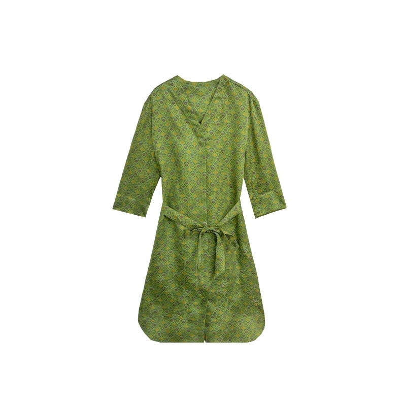 【橙庐】387002原创新中式星星花香云纱V领前扣连衣裙 桑蚕丝老钱风