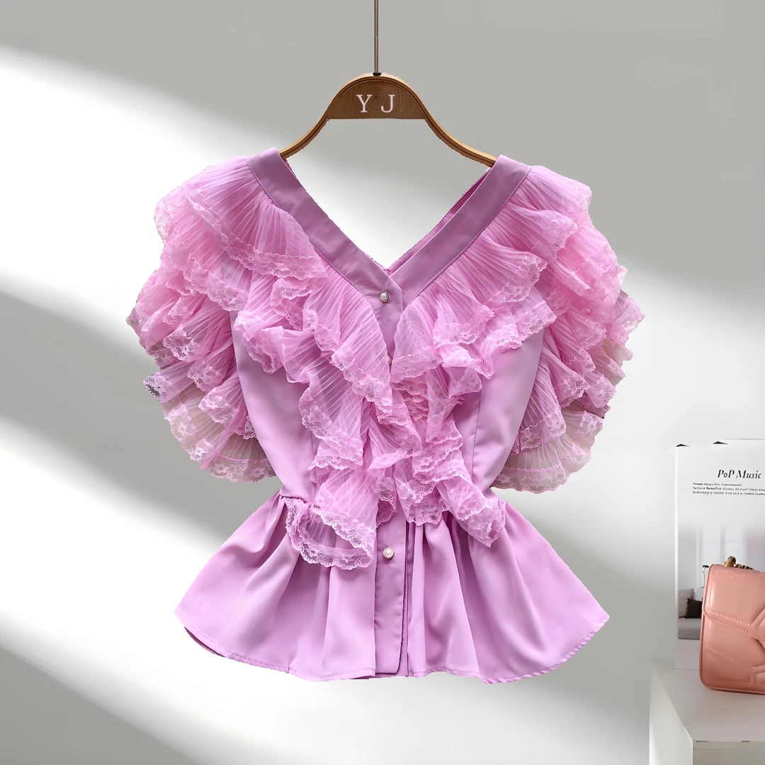 法式辣妹风V领衬衫夏季荷叶边设计炸街轻熟御姐上衣洋气衣服女