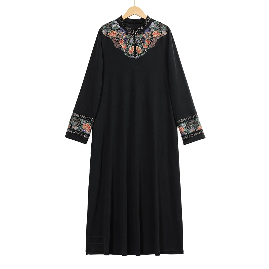 新中式原创文艺复古设计师高定民族风云肩式刺绣弹力小立领连衣裙