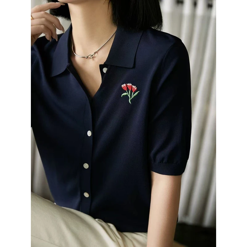 新款【桑蚕丝+莱赛尔】翻领郁金香刺绣宽松百搭针织衫开衫上衣外套