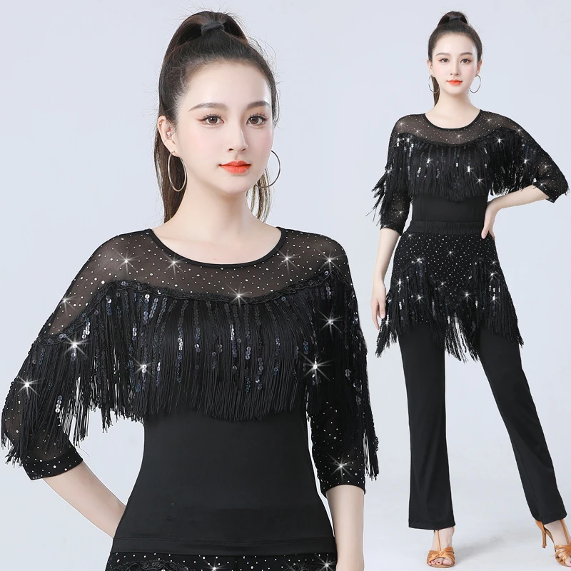 秋季新款拉丁舞上衣女广场跳舞衣国标舞摩登舞服吉特巴亮片舞蹈服