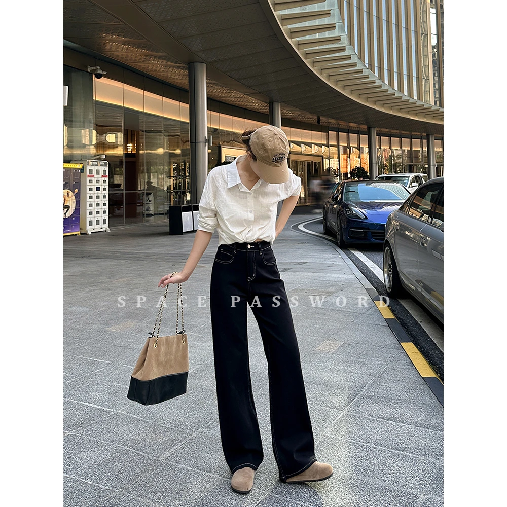 【四面弹】黑色牛仔裤女秋季新款窄版直筒裤休闲极简风百搭通勤裤子