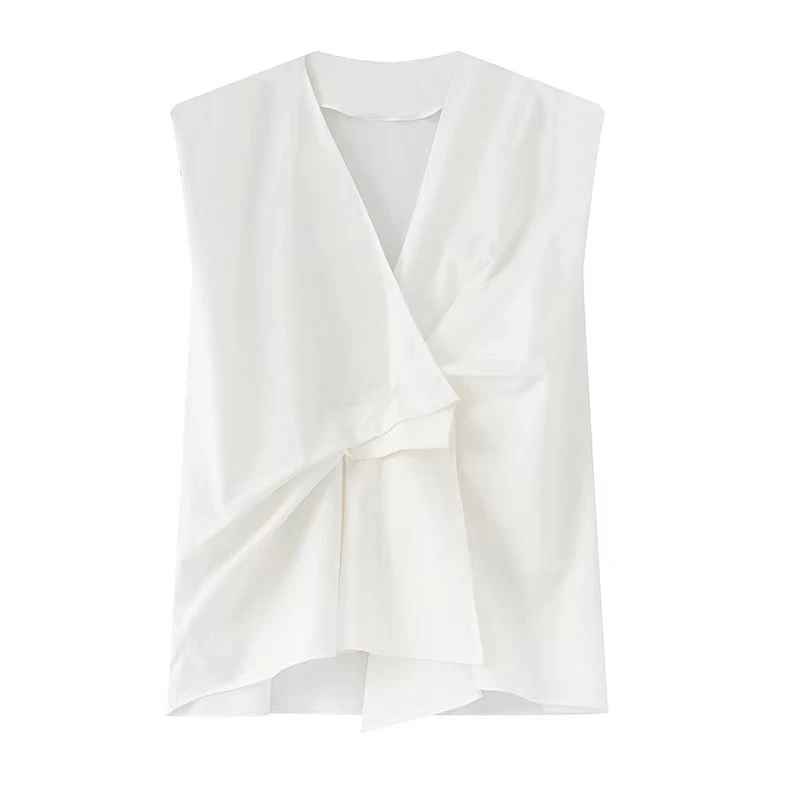 艾家2025夏季新款休闲无袖不规则衬衫女5013