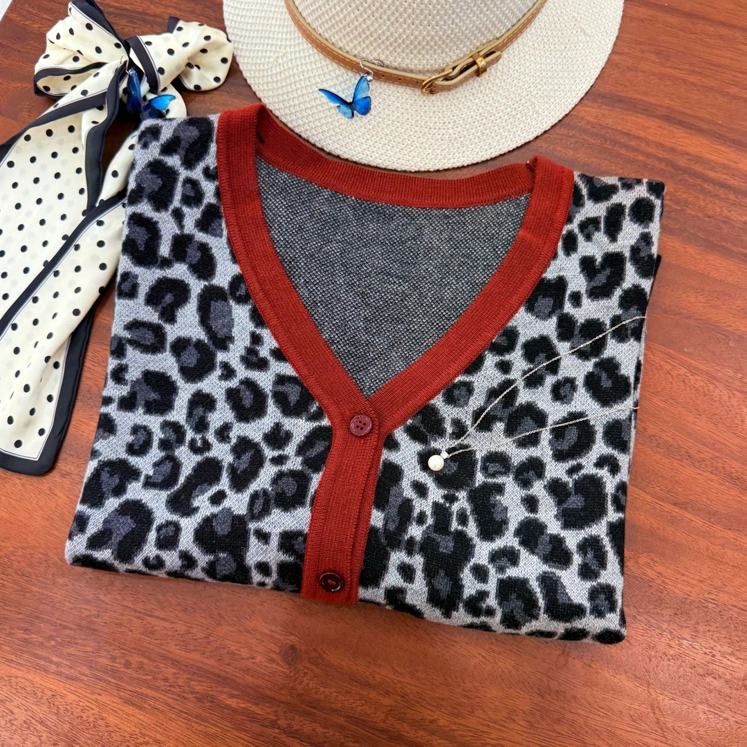 【细羊毛豹纹V领开衫】性感春夏新款针织毛衣外套简约百搭显瘦640