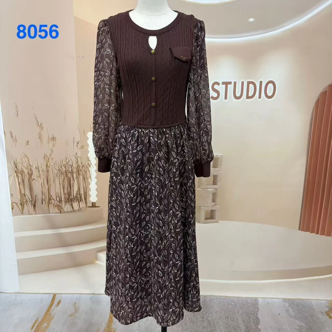 A字裙8056碎花连衣裙喇叭袖圆领高腰套头款中长裙拼接