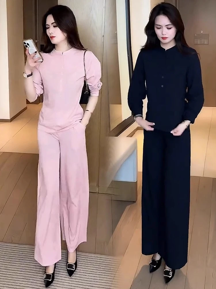 新中式时尚套装女2025春季新款洋气显瘦立领衬衫阔腿裤休闲两件套