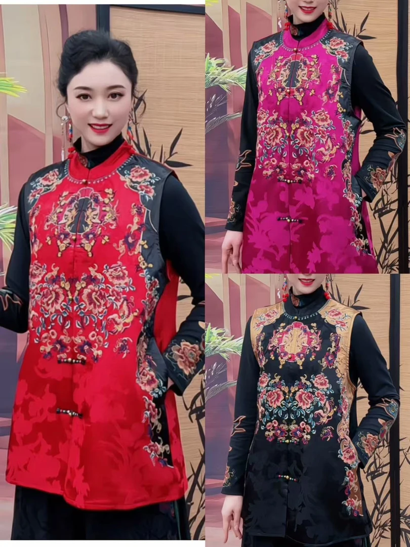 5879国风缎面提花刺绣秋冬款中长加棉马甲