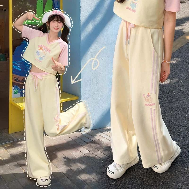 森女部落原创学院风拼色运动长裤夏日甜美百搭直筒裤休闲裤女新款