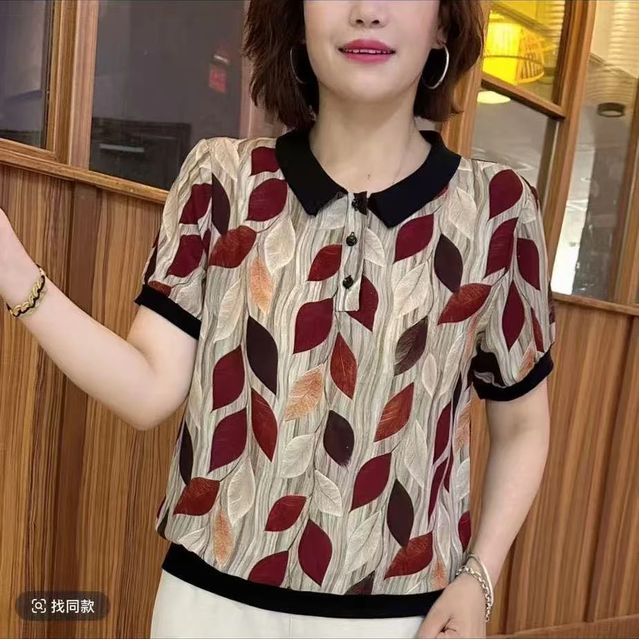 设计感百搭短袖透气拼接韩版T恤常规款时尚植物花卉