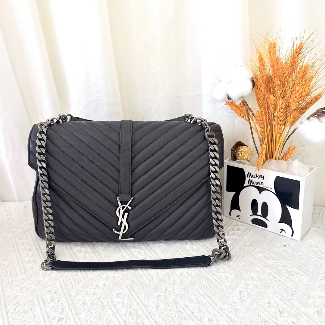 99新 YSL/圣罗兰 college黑银邮差包斜挎包手提斜 尺寸:30cm*20cm