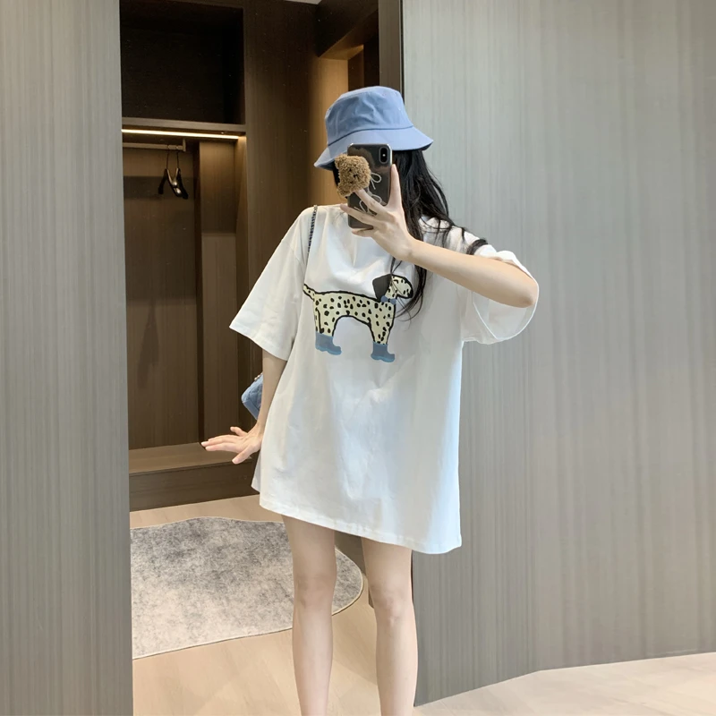 夏季洋气女装夏装短袖女款白色时尚中长款圆领设计感大版t恤女