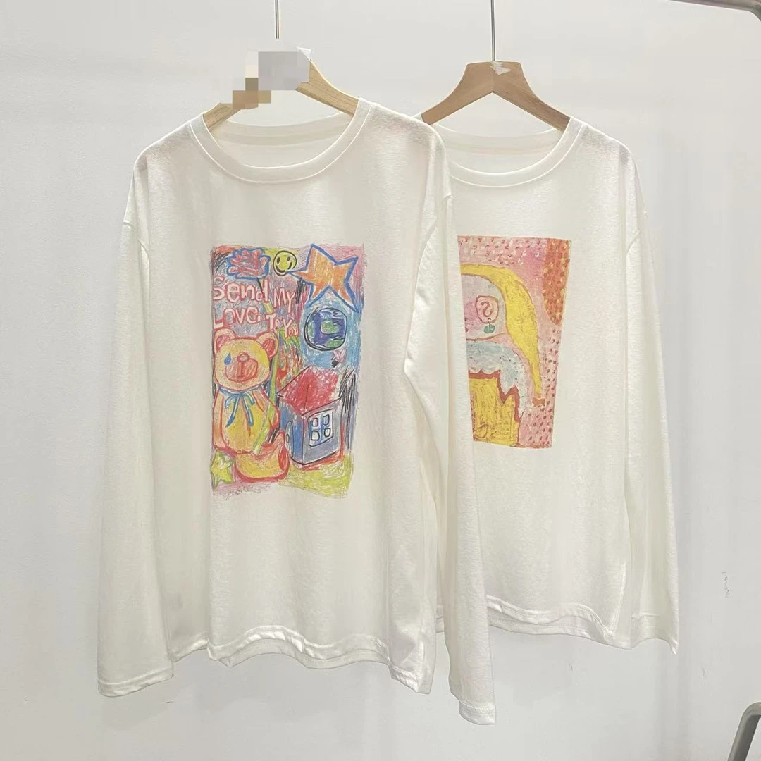 【5161】长袖白色时尚休闲百搭宽松印花圆领针春夏季简约潮流T恤